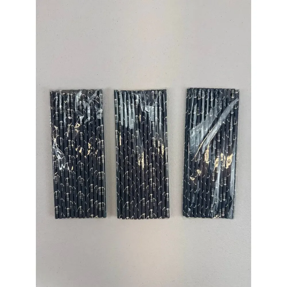 Anchor Nautical Themed Paper Straws - Navy Blue White - 7.75 Inches - 75 Pack
